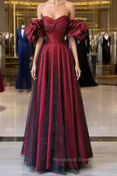 Off Shoulder Wine Red Sweetheart Tulle Semi Formal Prom Dress, A-line Wine Red Evening Dress